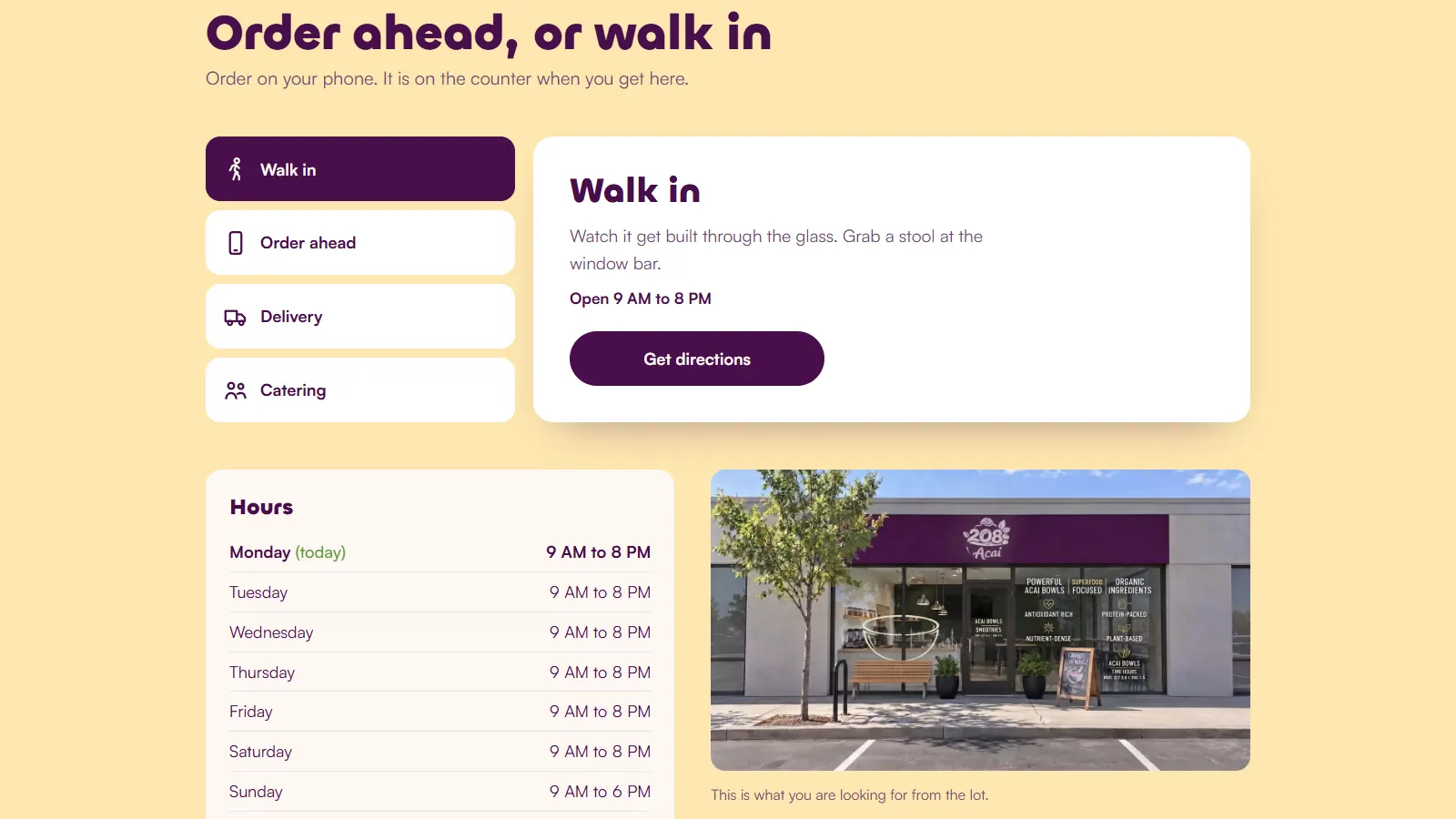 The 208 Acai order section: walk in, order ahead, delivery and catering, with the hours for the week and a photo of the storefront