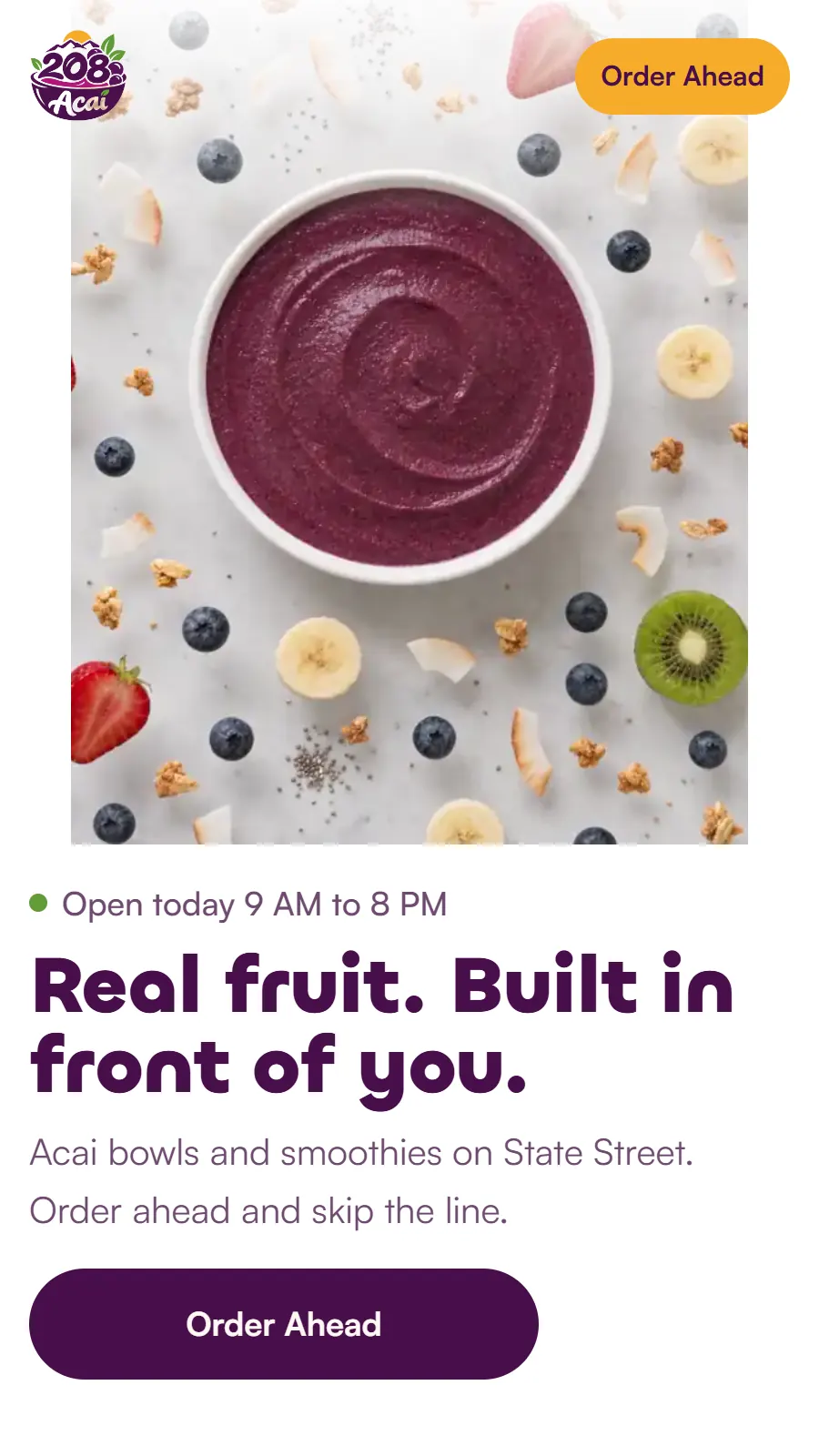 The same 208 Acai page on a phone, with the hours for today and an Order Ahead button