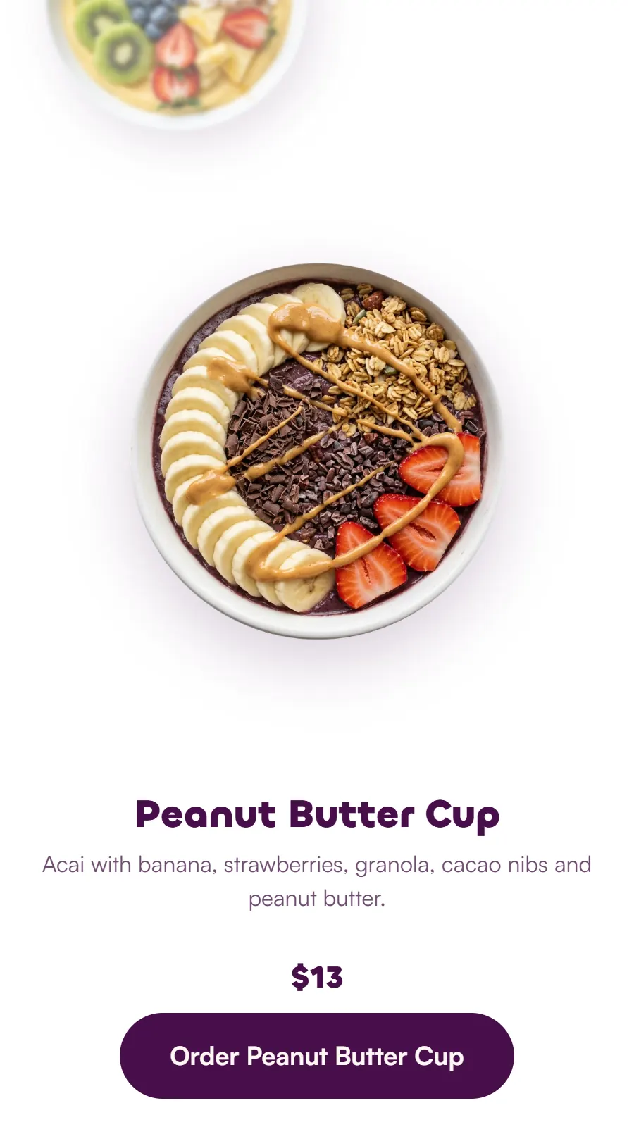The 208 Acai bowl wheel on a phone: the Peanut Butter Cup bowl with its price and order button