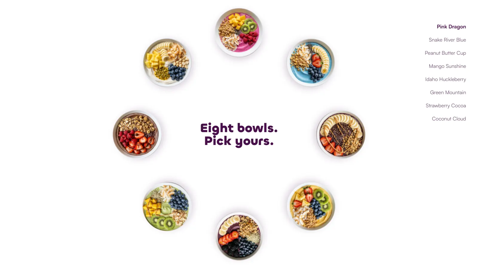 The 208 Acai menu as a ring of eight bowls around the words Eight bowls. Pick yours.