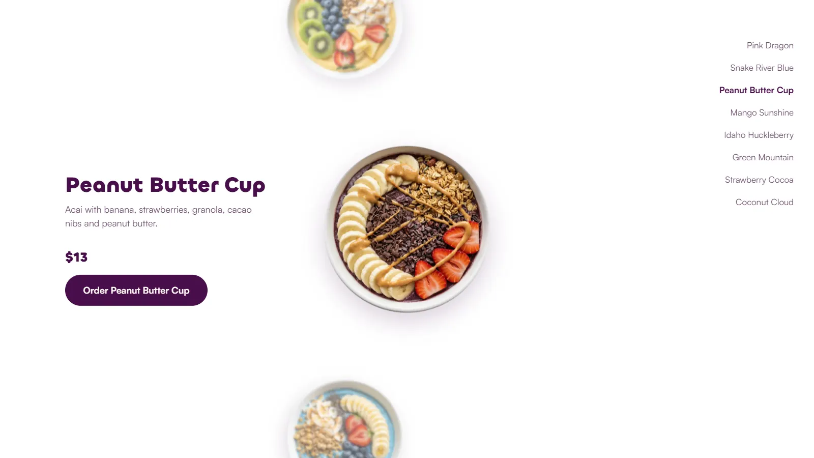 The 208 Acai bowl wheel: the Peanut Butter Cup bowl at the front with what is in it, the price and an order button, and every bowl listed by name on the right