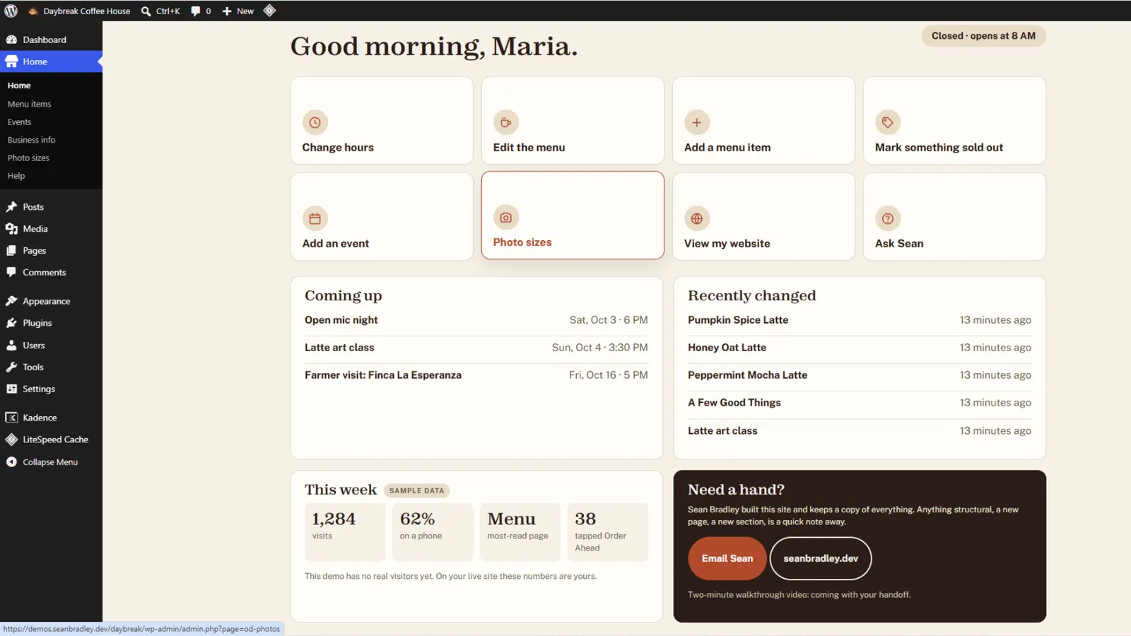 The Daybreak owner's control panel: an open or closed badge and big buttons for hours, menu, items and events