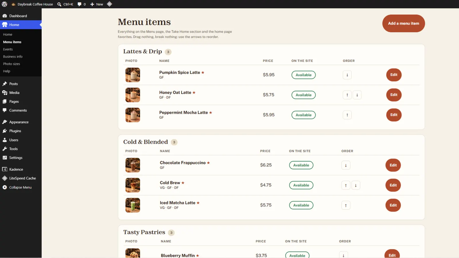 The Daybreak menu items list: one row per item with a photo, a price and a sold out switch