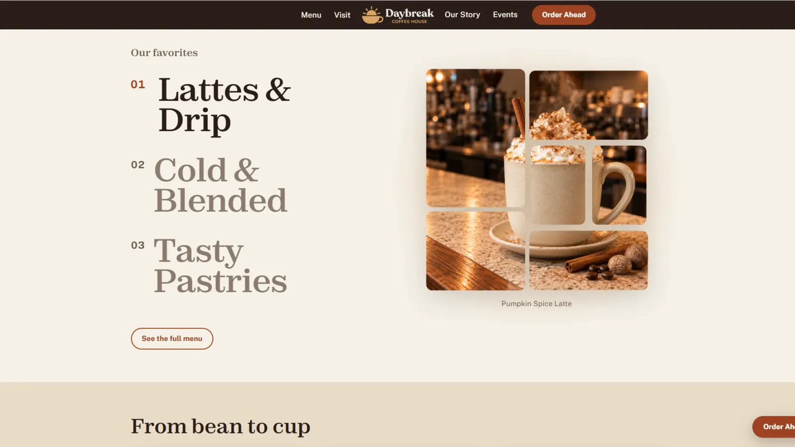 The Daybreak favorites section: lattes, cold drinks and pastries, with a photo that changes