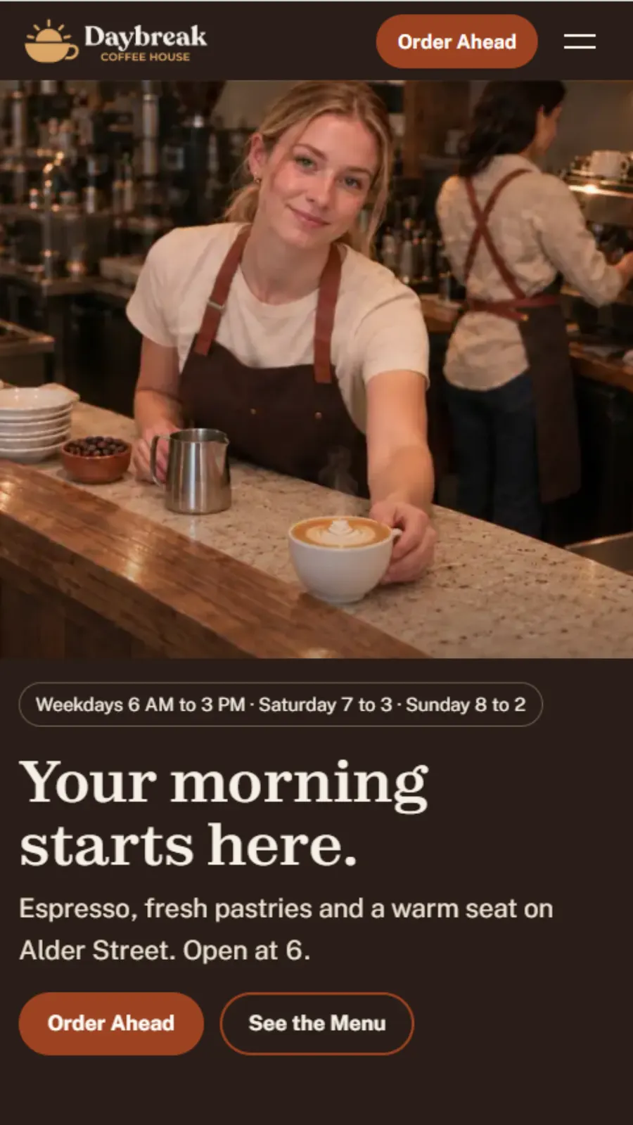 The same Daybreak Coffee House page on a phone