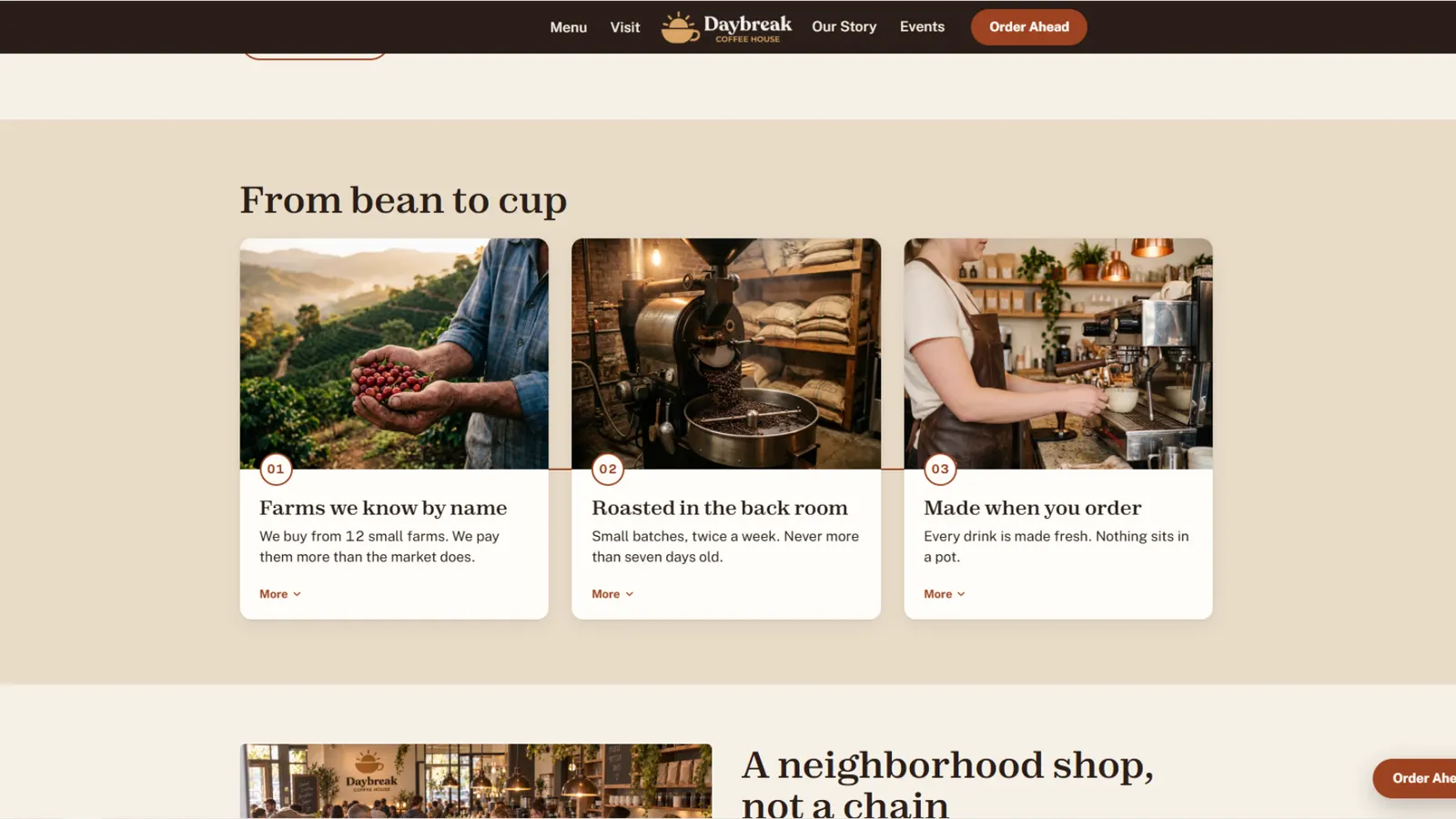 The Daybreak bean to cup section: three steps, farm, roaster and bar