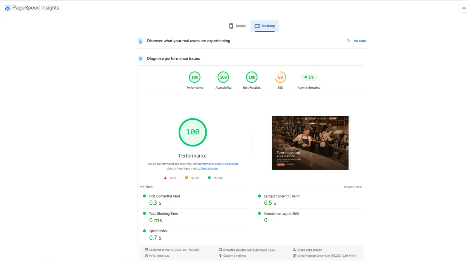 Google PageSpeed Insights for the Daybreak home page on a desktop: 100 for speed, 100 for accessibility, 100 for best practices