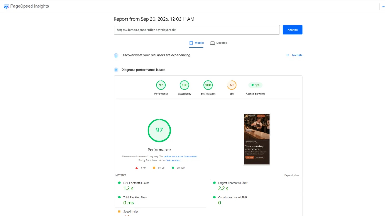 Google PageSpeed Insights for the Daybreak home page on a phone: 97 for speed, 100 for accessibility, 100 for best practices