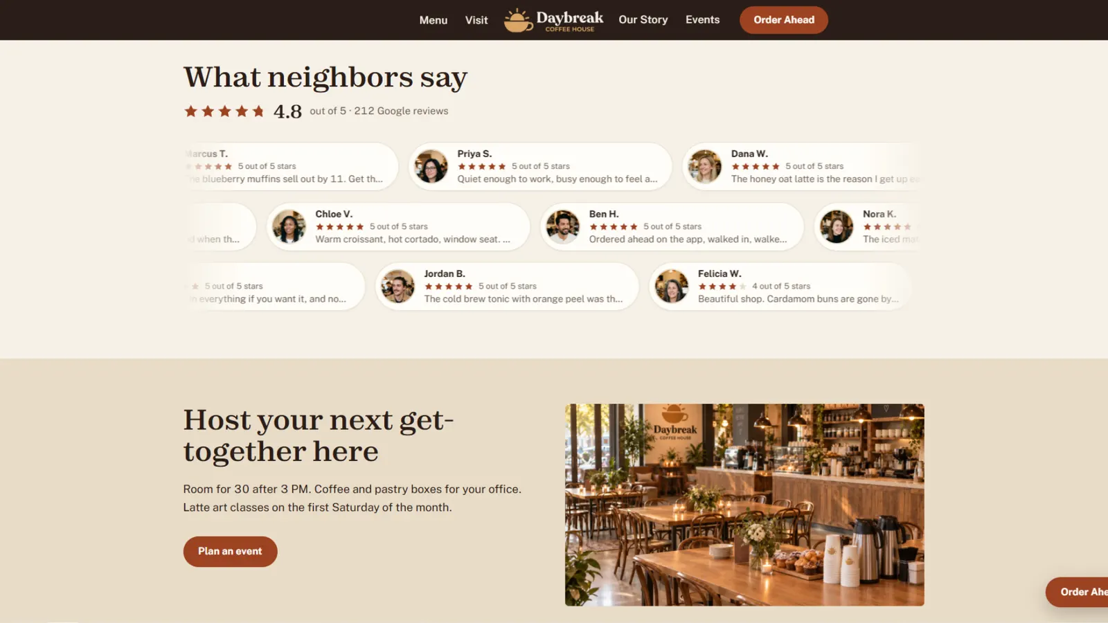The Daybreak reviews section: rows of short reviews with faces and stars