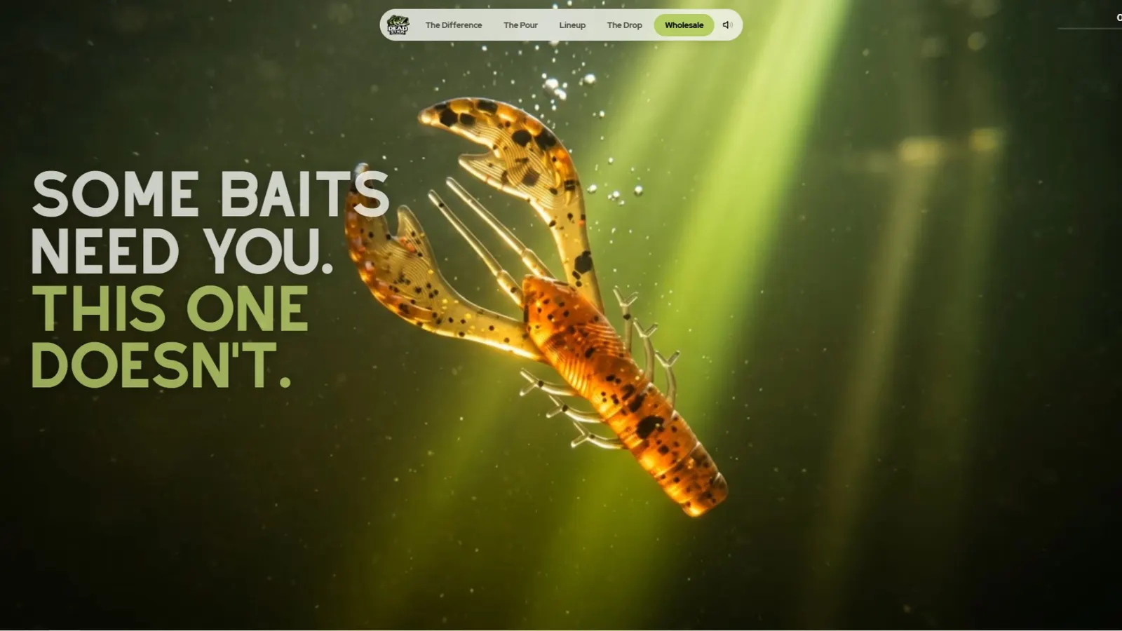 The Dead Stick Baits home page on a laptop: a crawfish bait in green water under the words Some baits need you. This one doesn't.