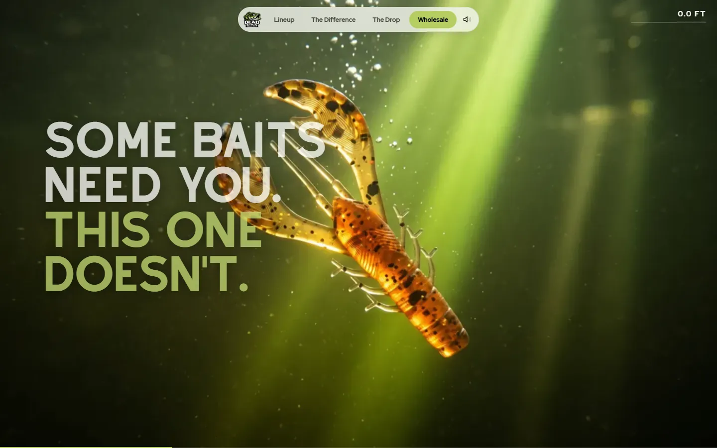 The Dead Stick Baits home page in a browser: a crawfish bait in green water under the words Some baits need you. This one doesn't.